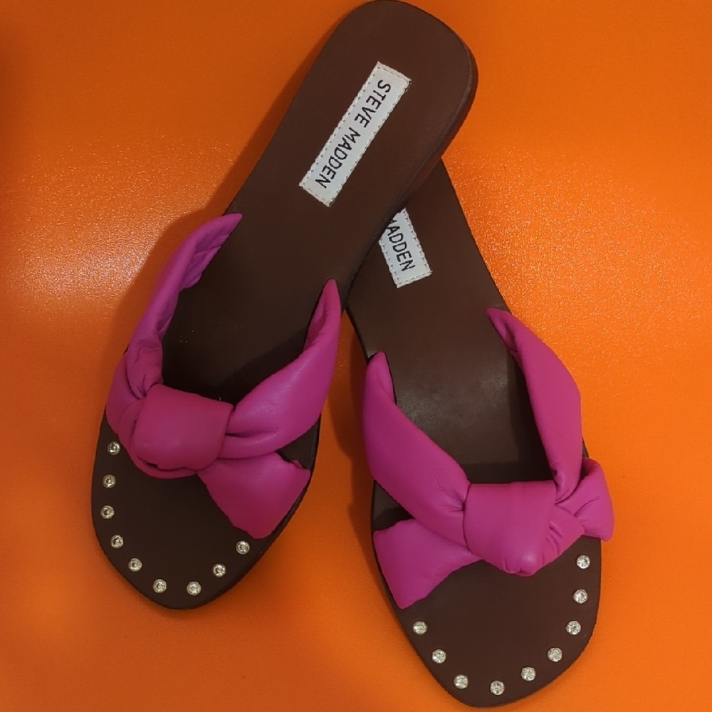 Steve Madden Pink and Brown Bow Slide Sandals - Picture 7 of 8